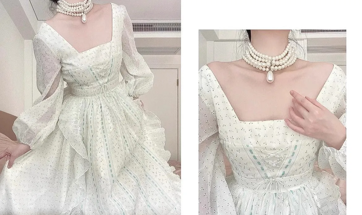 1900s Royalcore Square Collar Puff Sleeves Dress