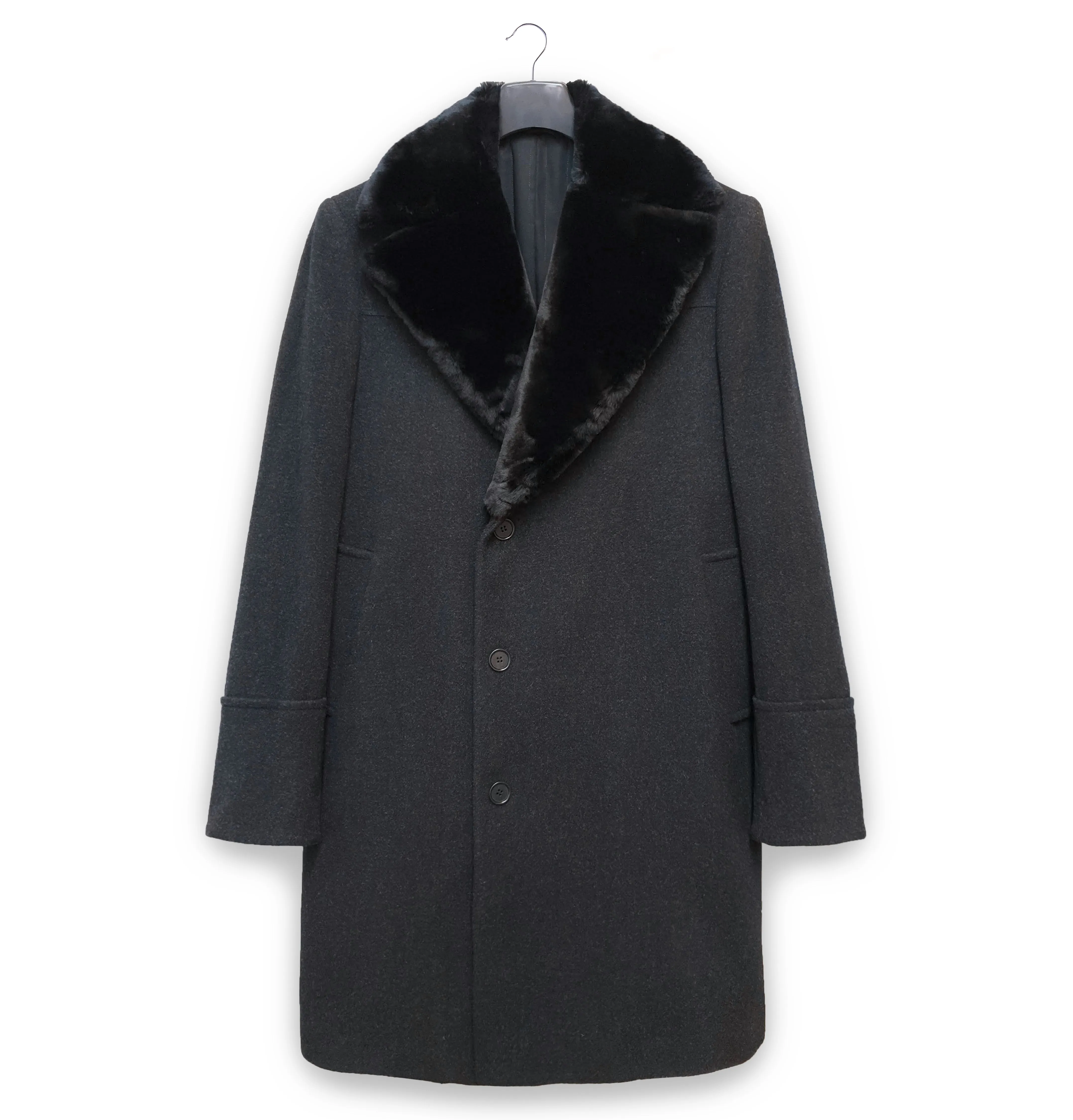 1990s Asymmetric Chesterfield Coat with Faux Fur Lapels in Loden Wool