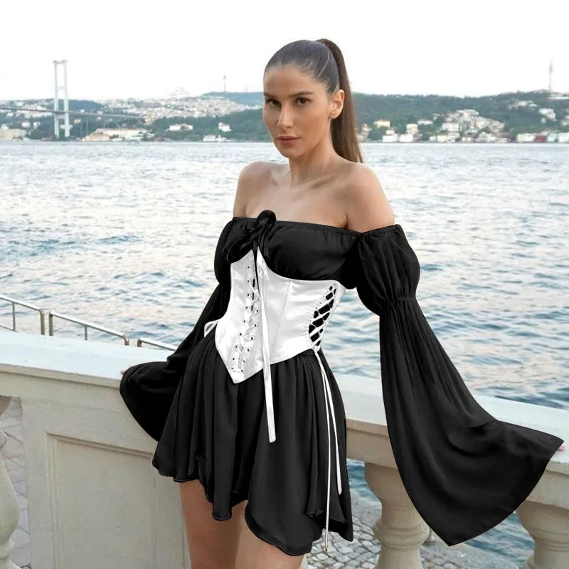 Amy Fashion - Chiffon Bandage Corset Long Puff Sleeve Sundress