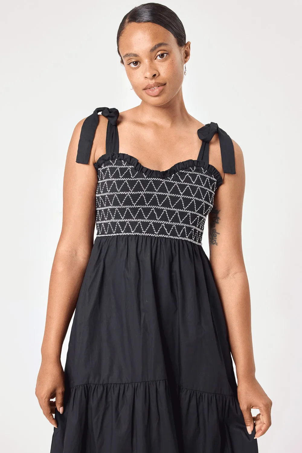 Black Embroidery Smocked Midi Dress