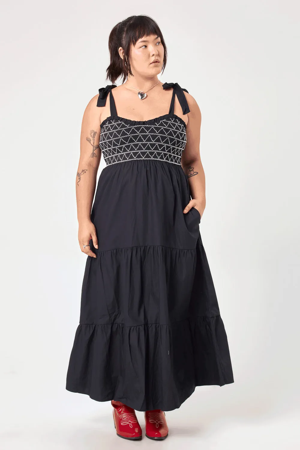 Black Embroidery Smocked Midi Dress