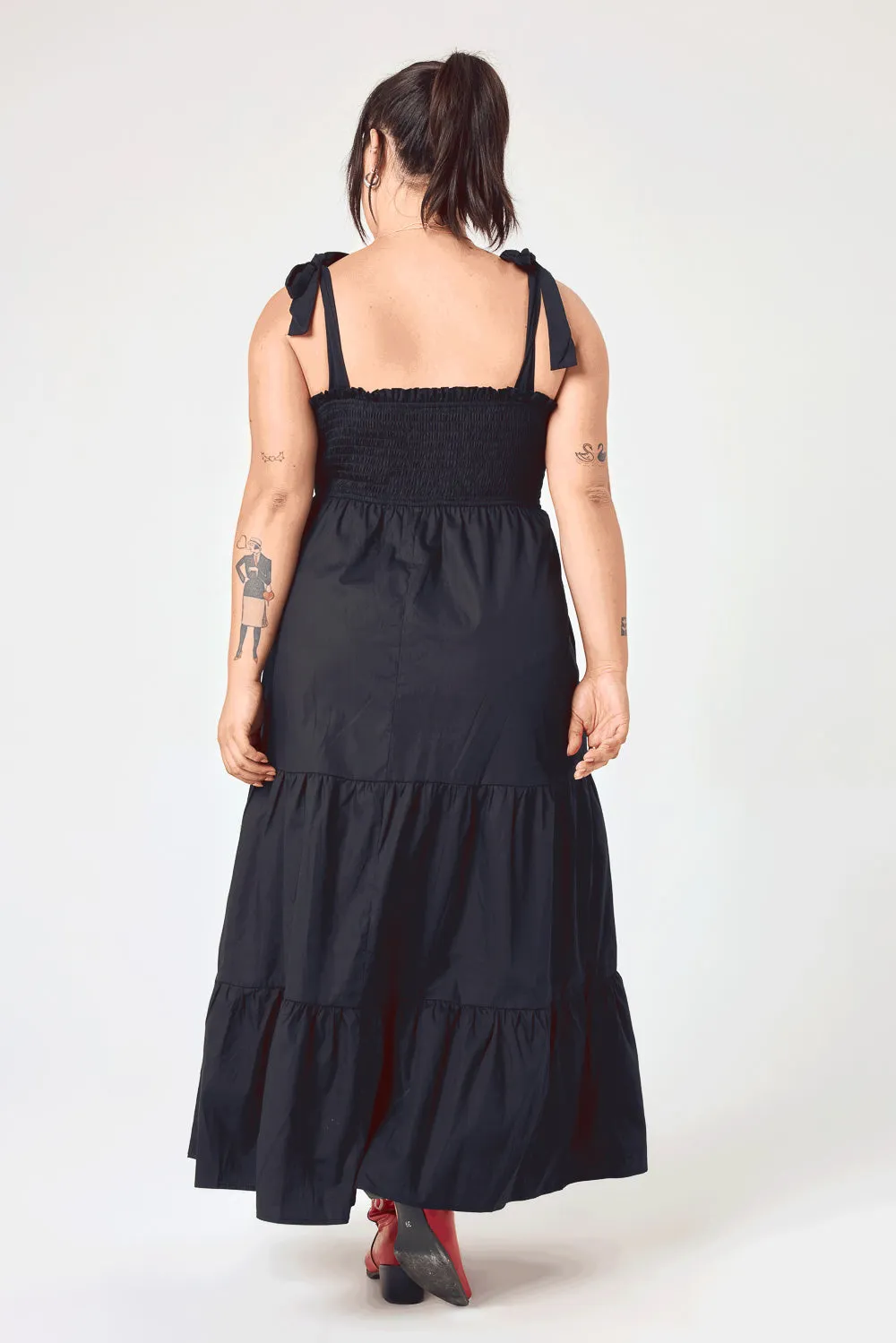 Black Embroidery Smocked Midi Dress