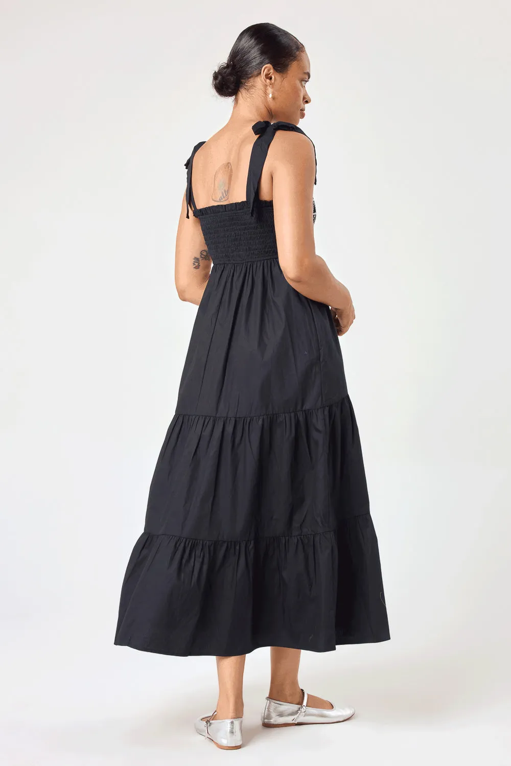 Black Embroidery Smocked Midi Dress