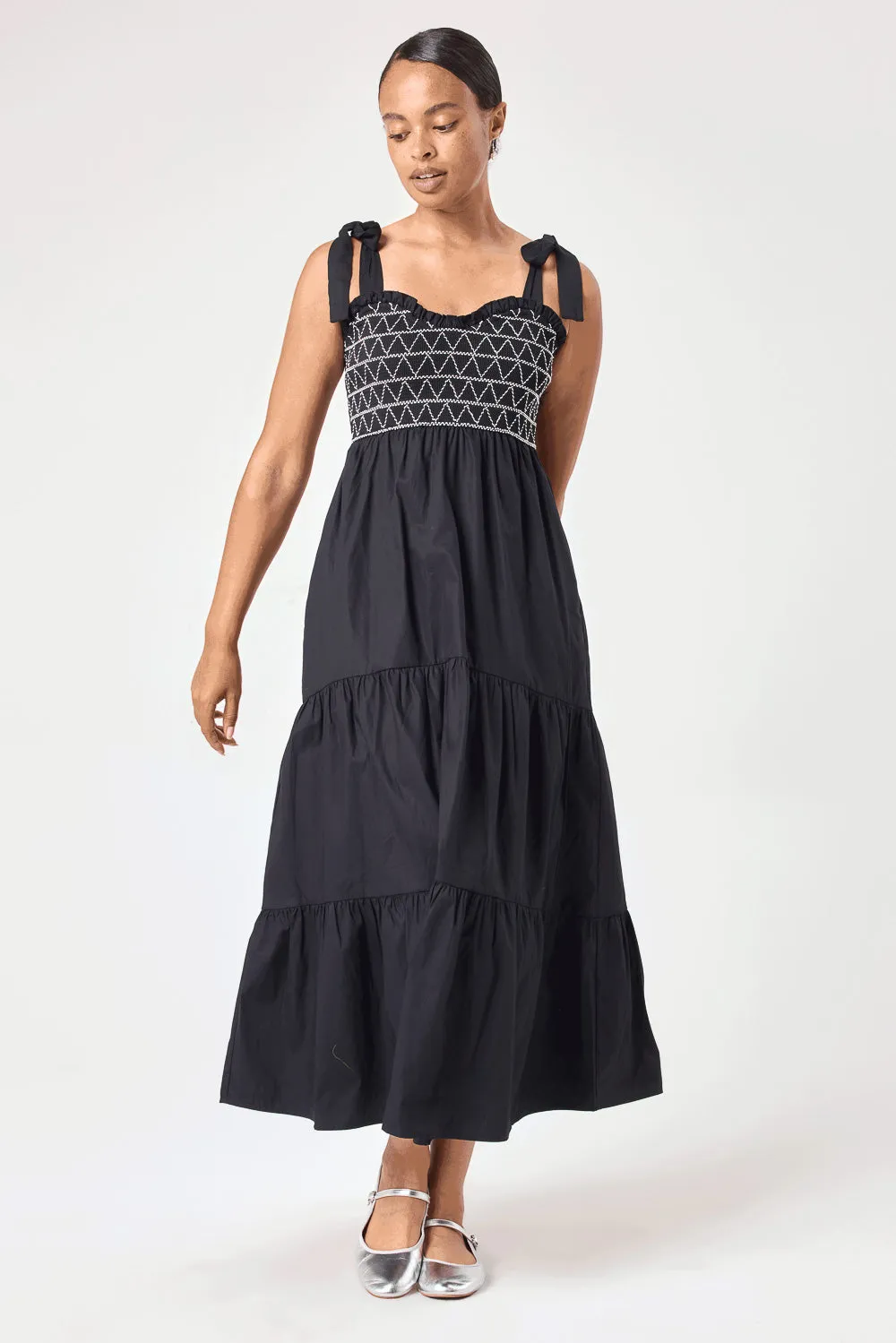 Black Embroidery Smocked Midi Dress