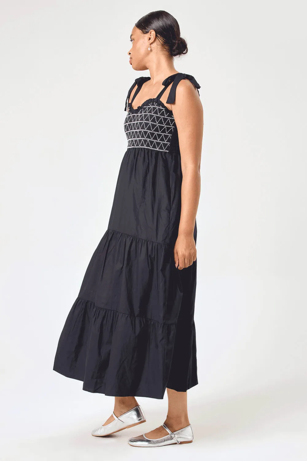 Black Embroidery Smocked Midi Dress