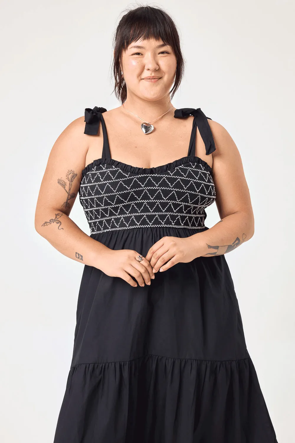 Black Embroidery Smocked Midi Dress