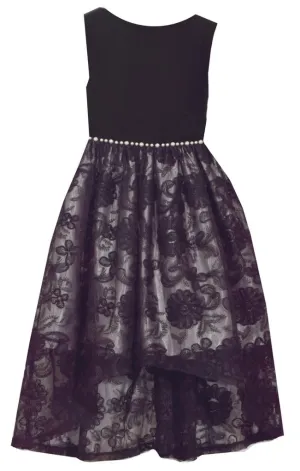 Bonnie Jean Sleeveless Black Dress with Velvet Bodice and Lace Overlay Hi-Low Skirt