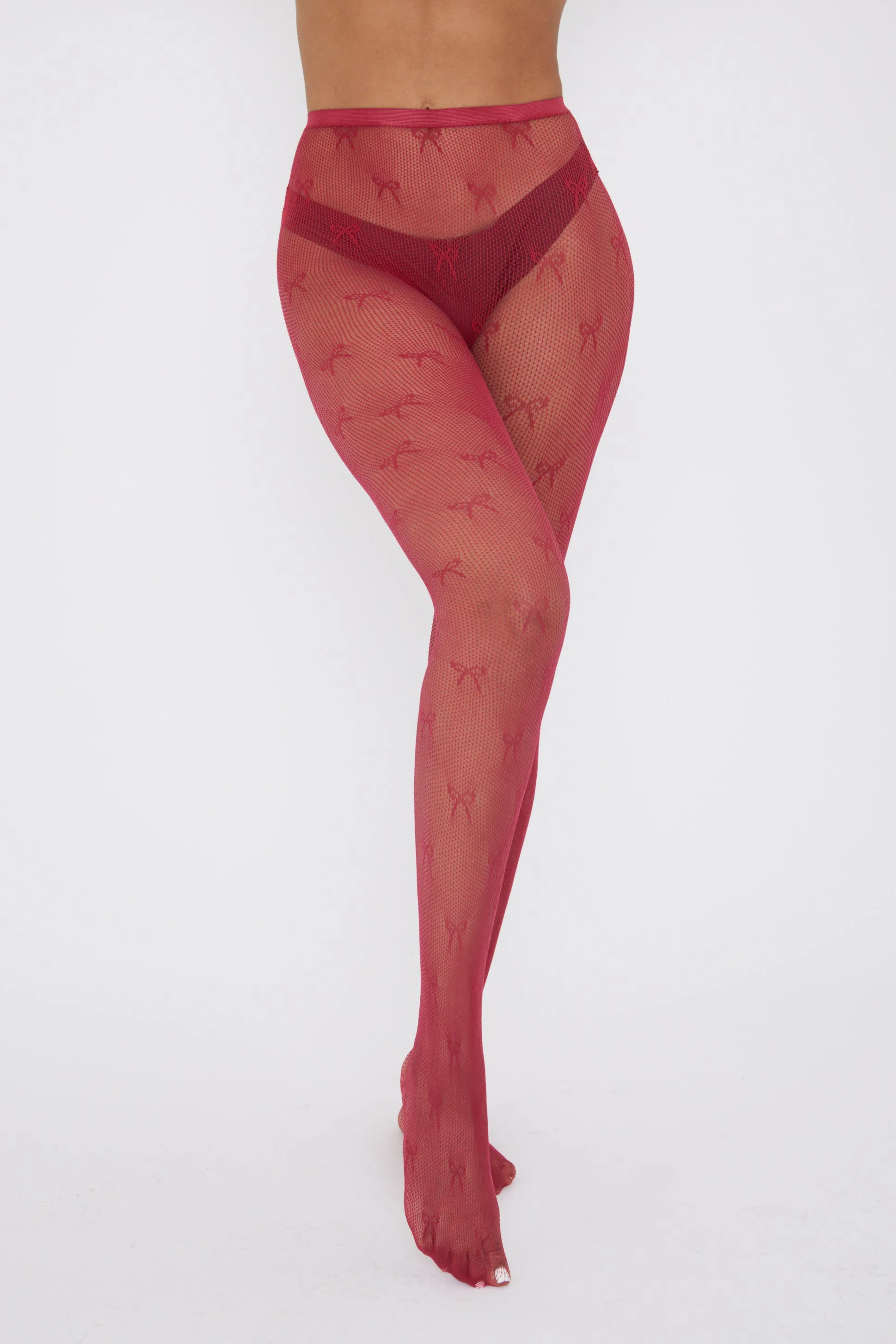 Bow Fishnet Tights in Burgundy Red