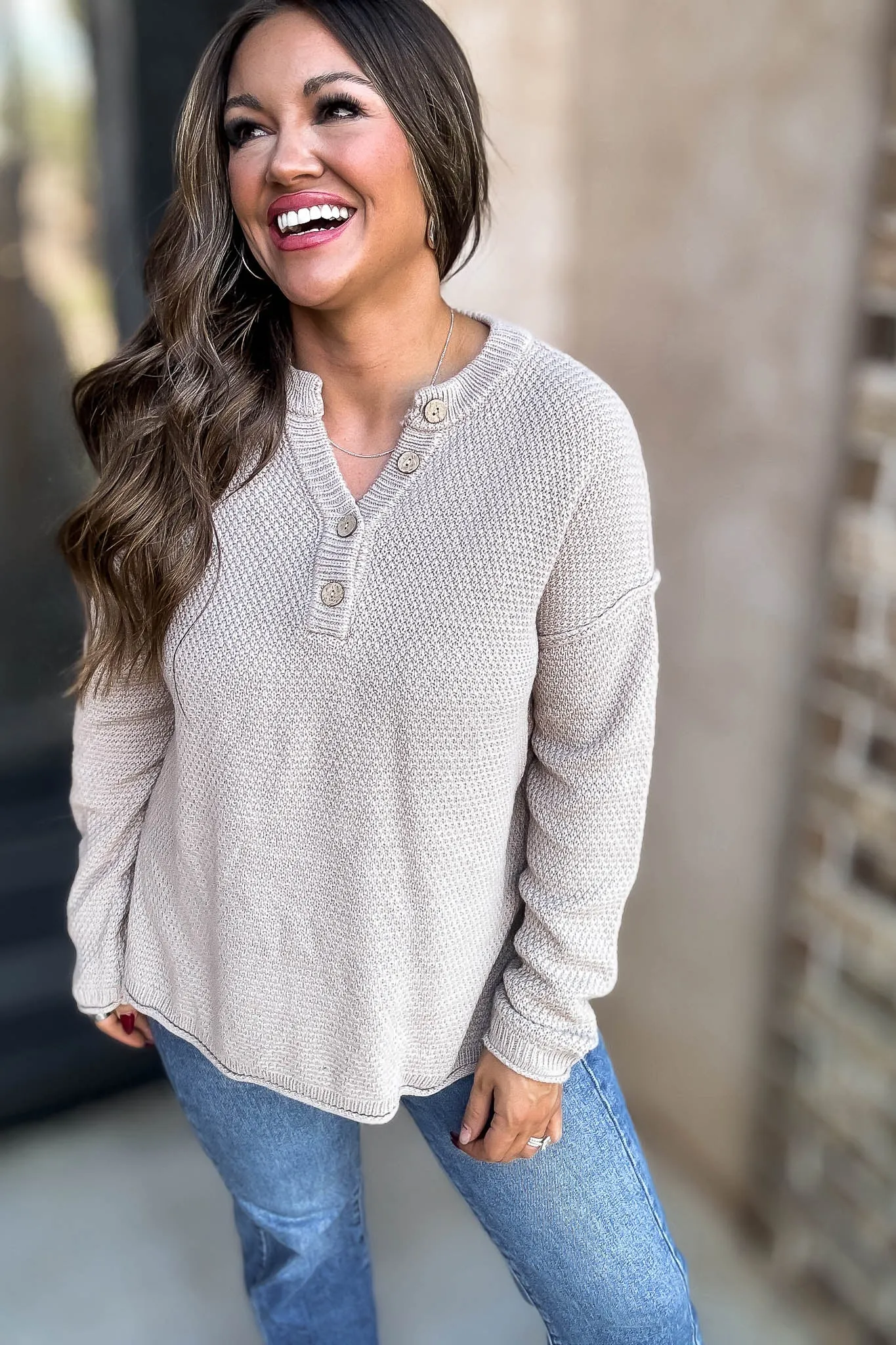 Button Light Mocha Henley Neckline Basic Sweater