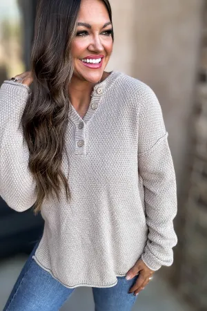 Button Light Mocha Henley Neckline Basic Sweater