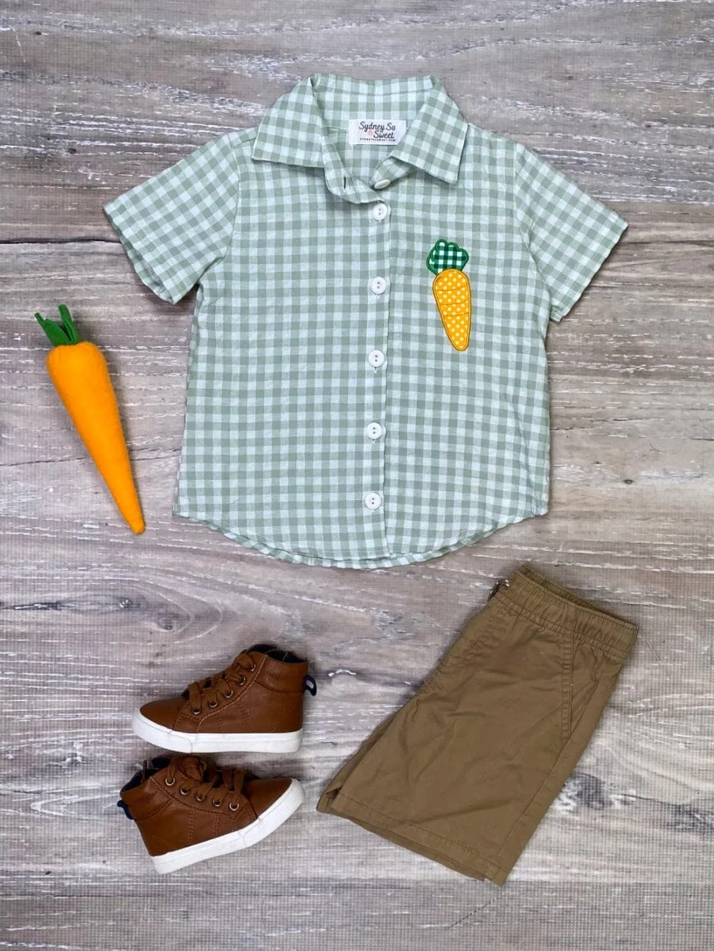 Carrot On Green Gingham Button Up Short Sleeve Boys Easter Top