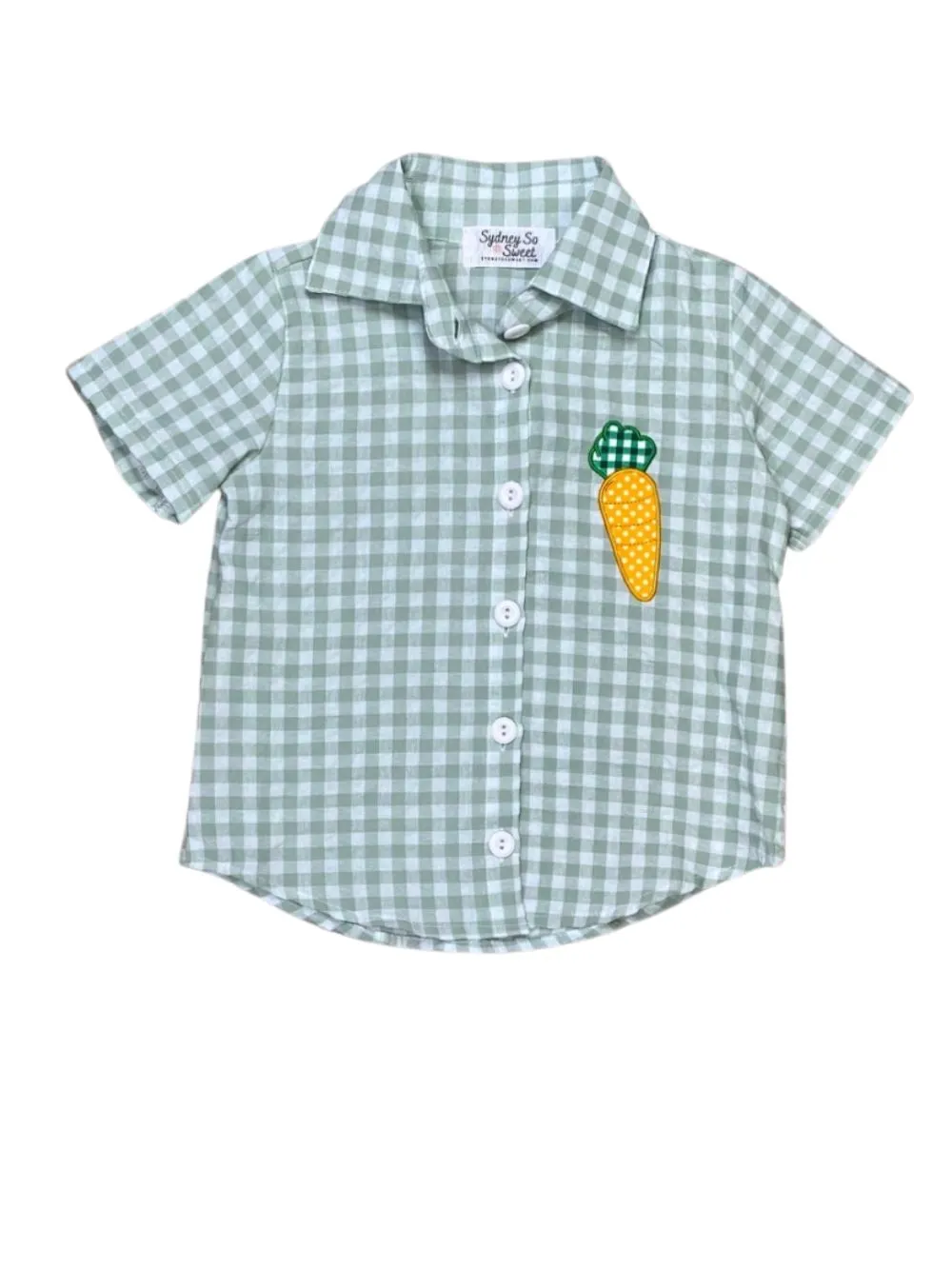 Carrot On Green Gingham Button Up Short Sleeve Boys Easter Top