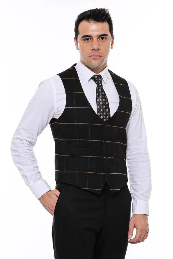 Checked V Neck Black Vest - Wessi