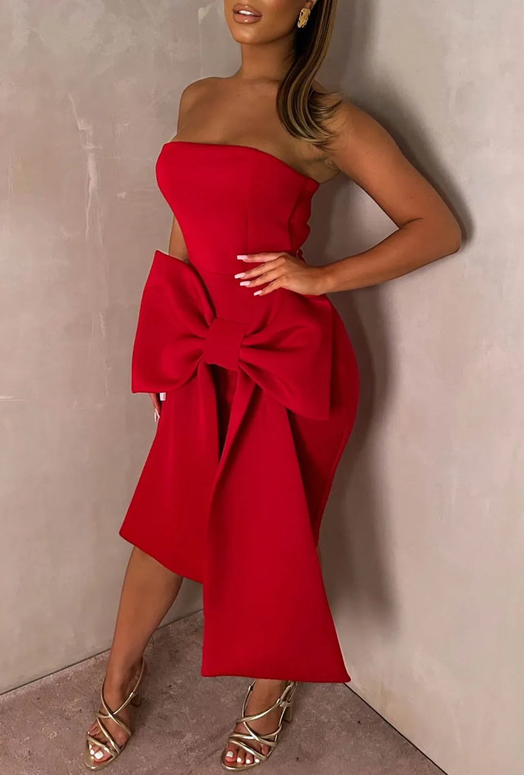 Classy Dream Red Bandeau Bow Skirt Midi Dress