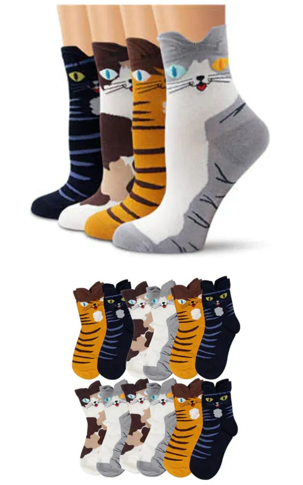 DB76112 Cute Cat Cartoon Cotton Casual Socks  (12prs Pack)