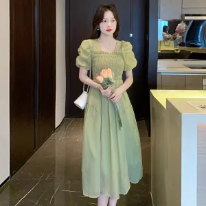 deanwangkt Women's Bubble Sleeve Chiffon Dress Summer  New Small Elegant  Tea Break Dress for Women