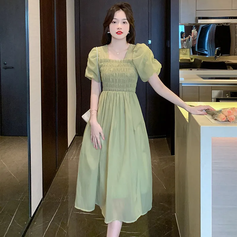 deanwangkt Women's Bubble Sleeve Chiffon Dress Summer  New Small Elegant  Tea Break Dress for Women