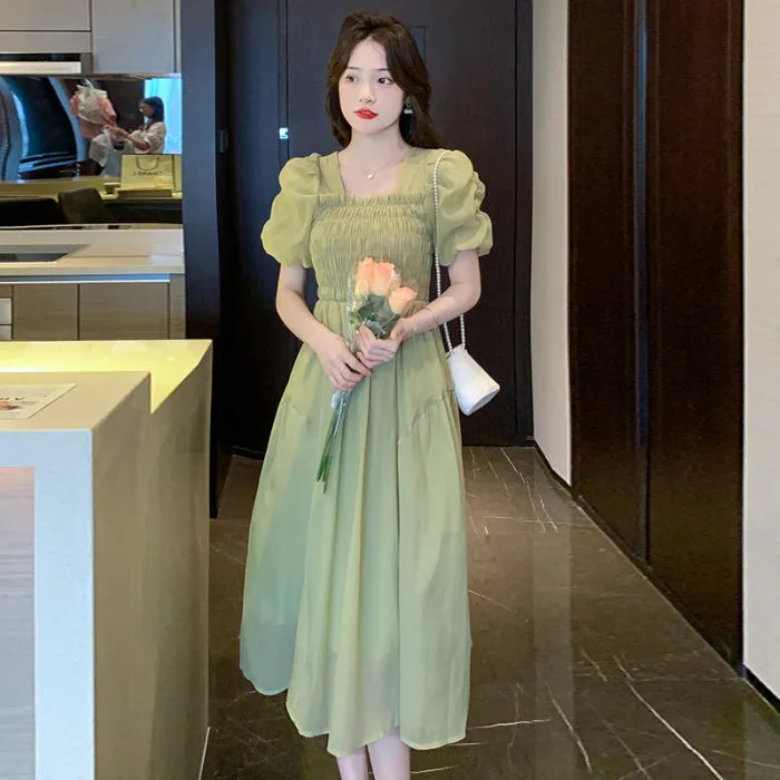 deanwangkt Women's Bubble Sleeve Chiffon Dress Summer  New Small Elegant  Tea Break Dress for Women