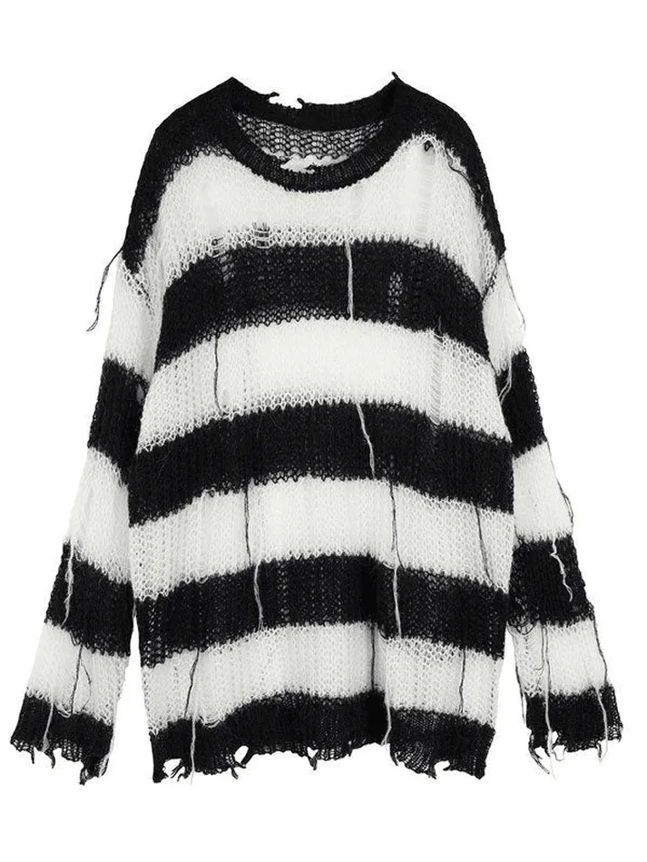 Distressed Striped Graceful Crop Sweater