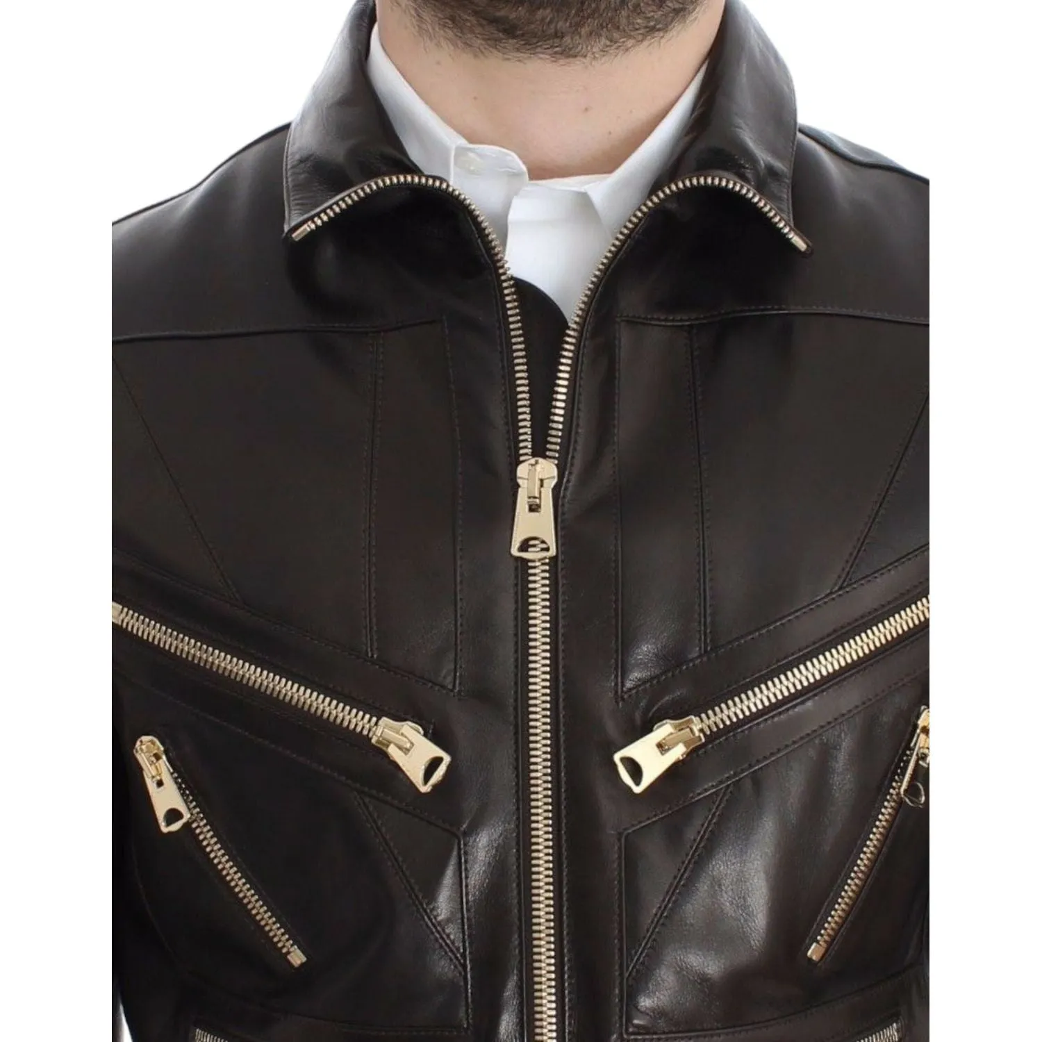 Dolce & Gabbana Elegant Brown Gold-Detailed Leather Jacket