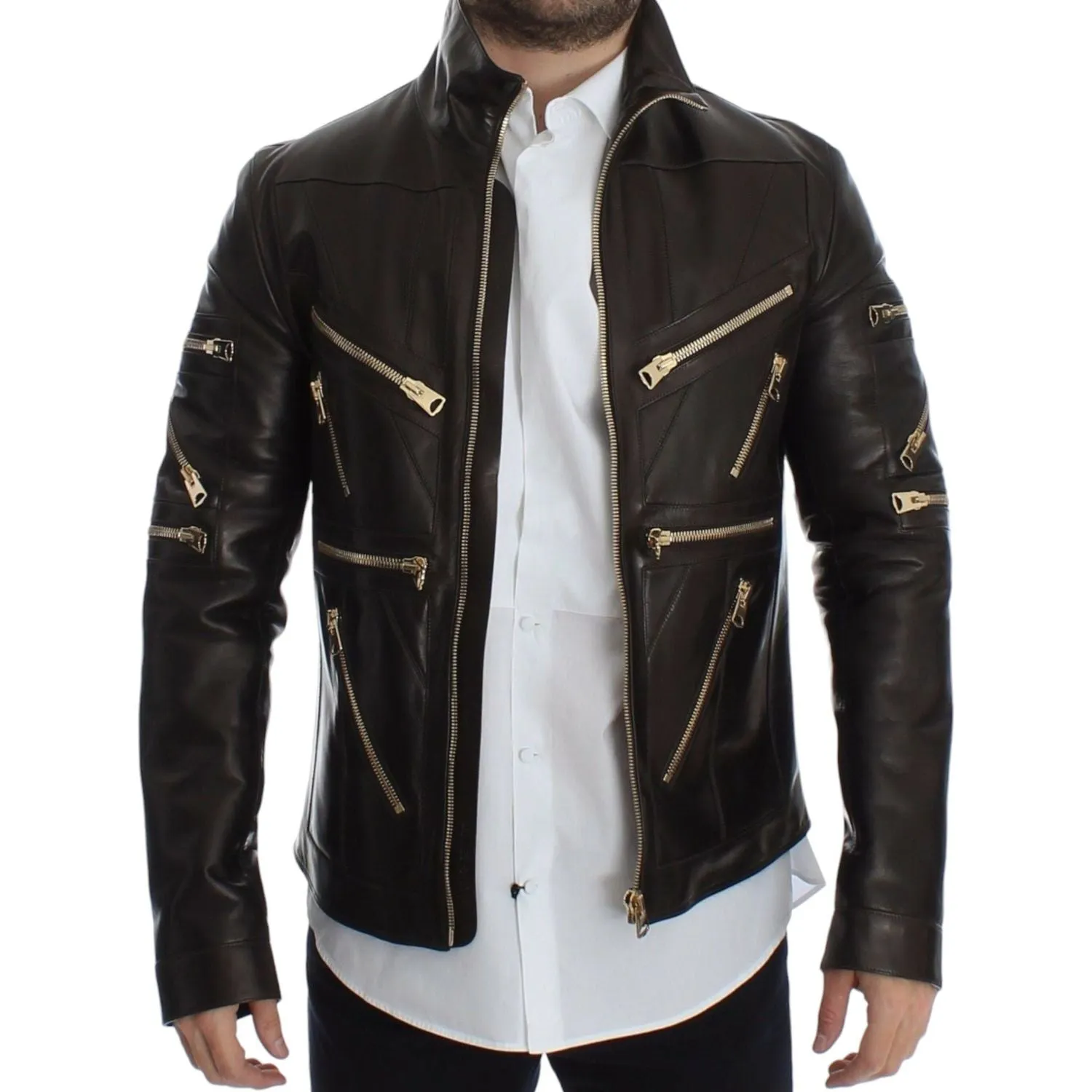 Dolce & Gabbana Elegant Brown Gold-Detailed Leather Jacket