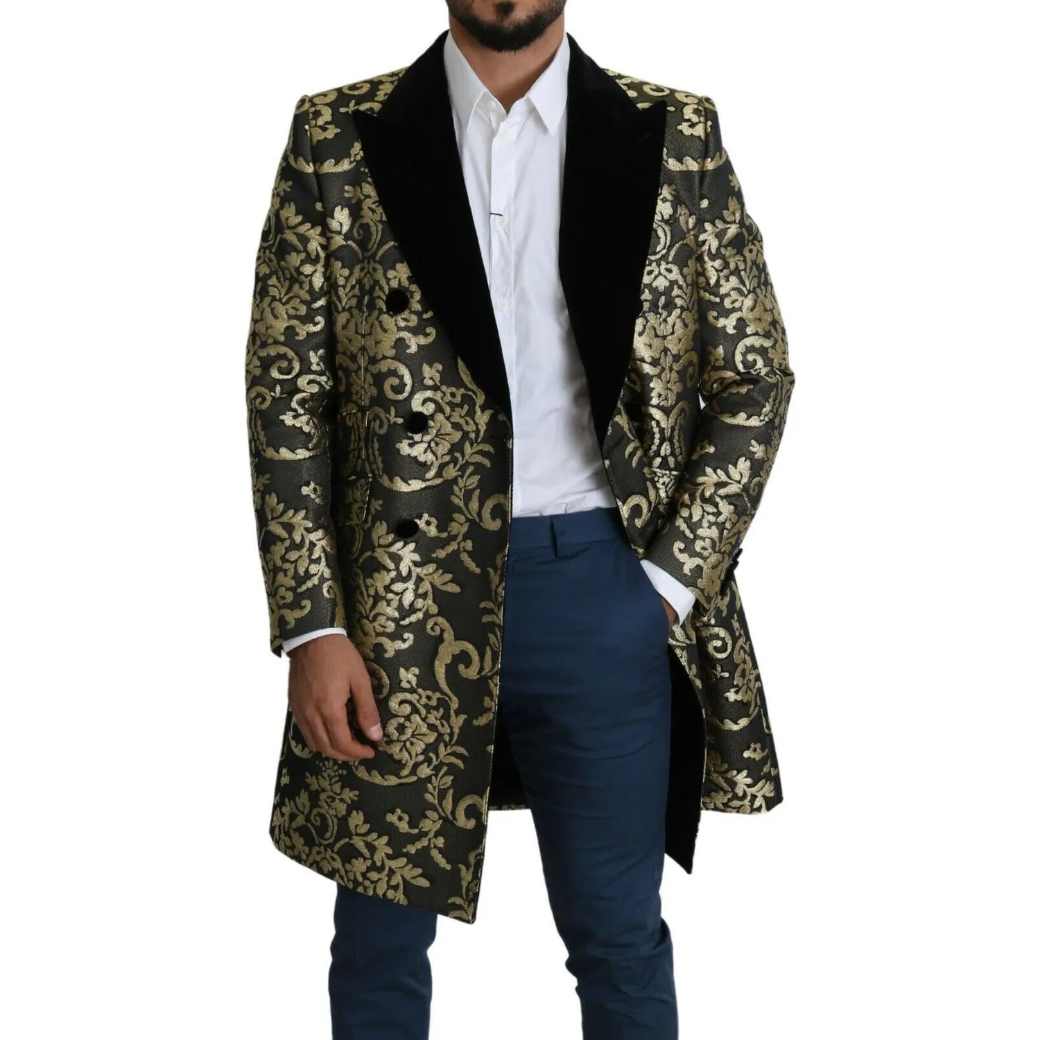 Dolce & Gabbana Gold Black Sicilia Jacquard Double-Breasted Coat