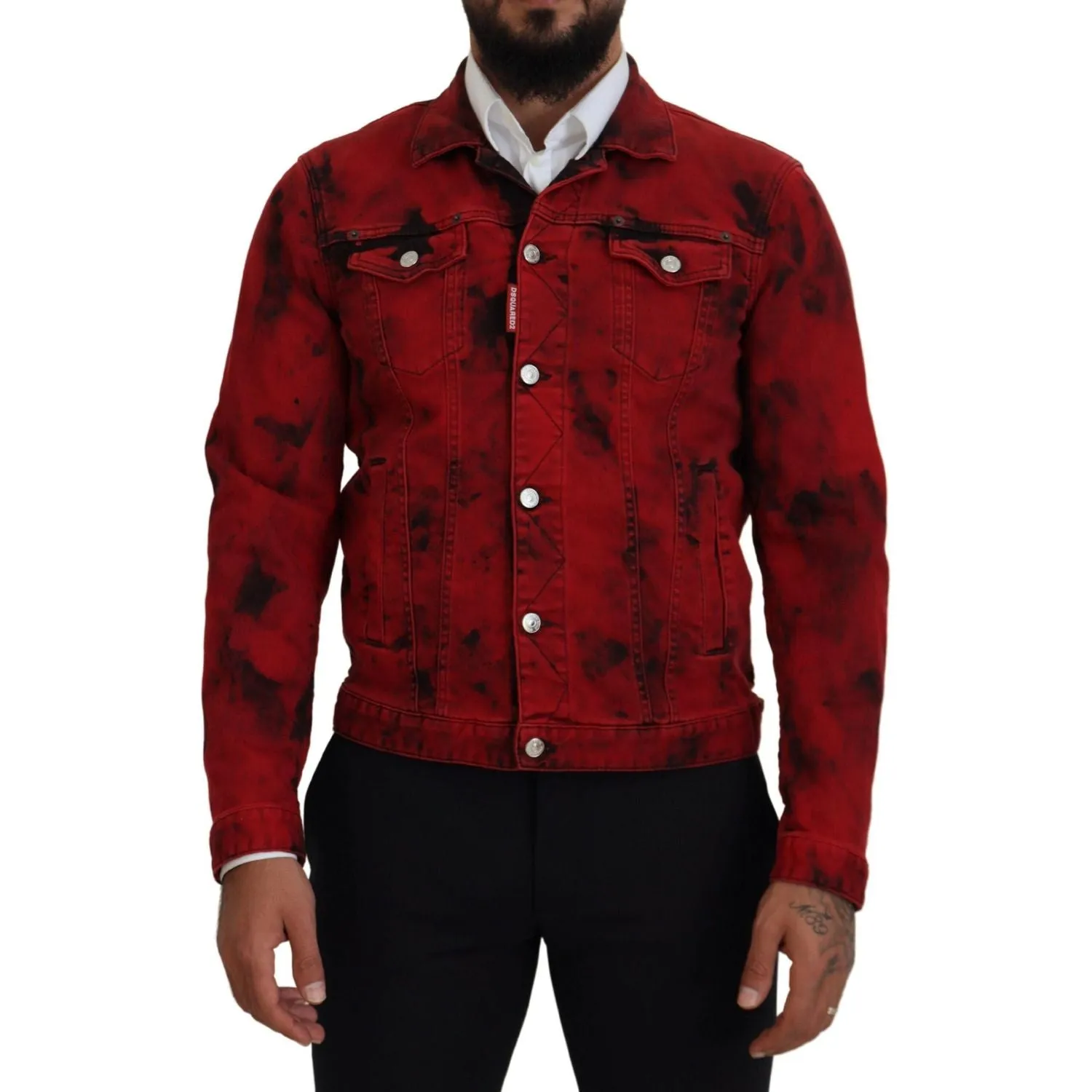 Dsquared² Red Black Tie Dye Collared Men Denim Jacket