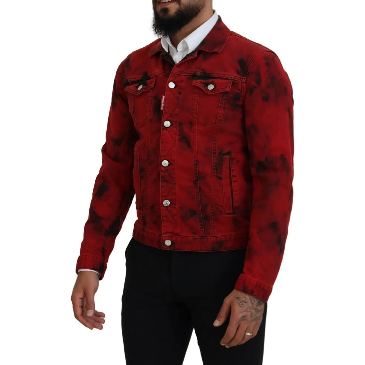 Dsquared² Red Black Tie Dye Collared Men Denim Jacket