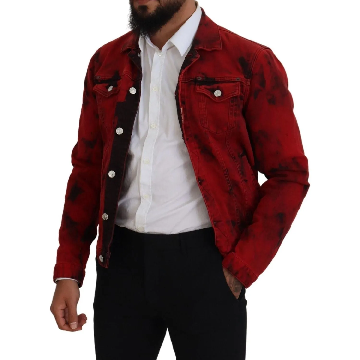 Dsquared² Red Black Tie Dye Collared Men Denim Jacket