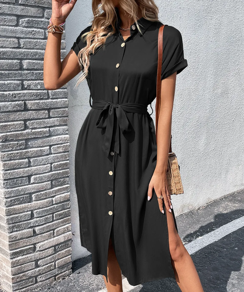 European And American Lapel Tied Solid Color Dress