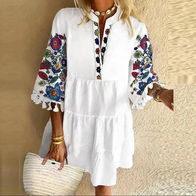 European And American Printed V-neck Short Dress