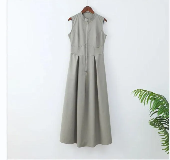 European And American Sleeveless V-neck Casual Waist Zipper Collar Dress