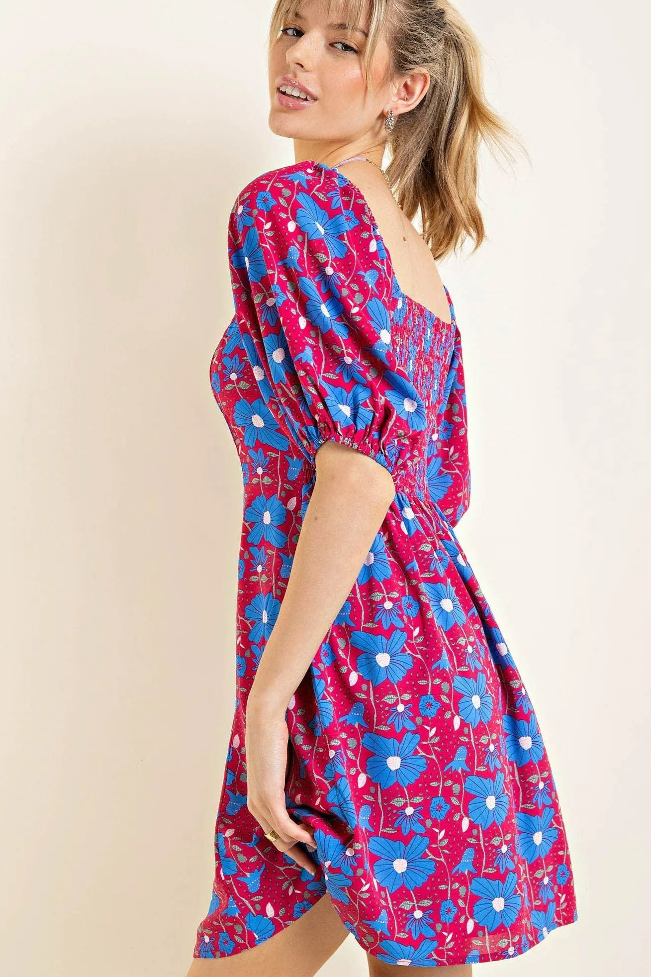 Floral Print Puff Sleeve Smocked Dress with Pockets