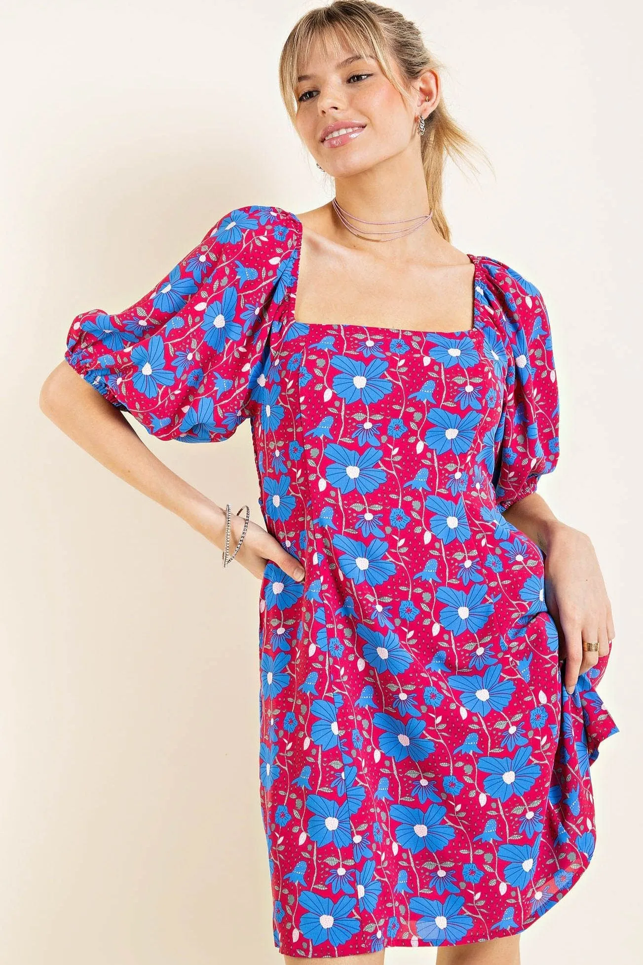 Floral Print Puff Sleeve Smocked Dress with Pockets