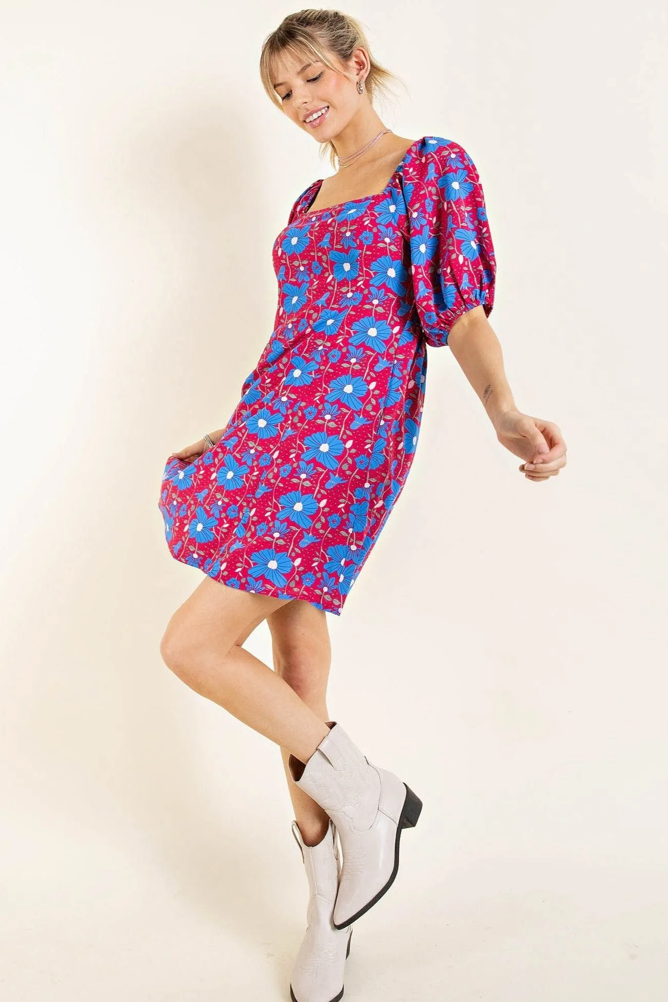 Floral Print Puff Sleeve Smocked Dress with Pockets