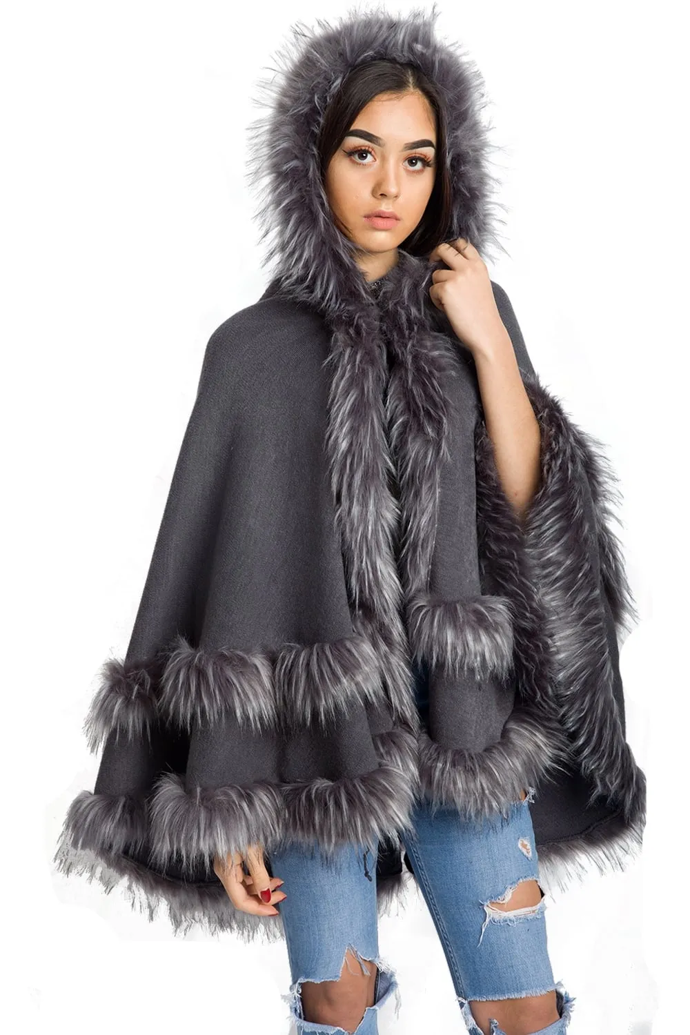 Knitted Double Layer Hooded Faux Fur Swing Cape Poncho