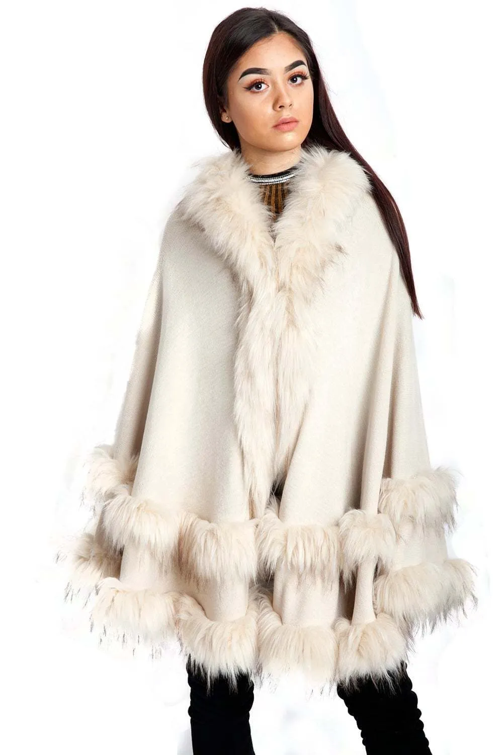 Knitted Double Layer Hooded Faux Fur Swing Cape Poncho