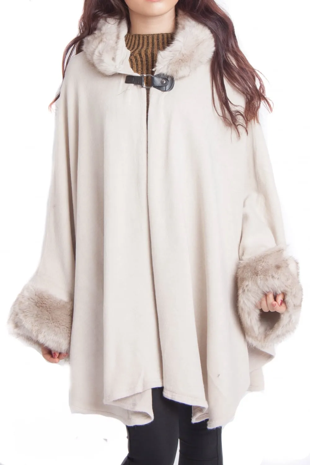 Knitted Faux Fur Trim Hooded Swing Poncho Cape