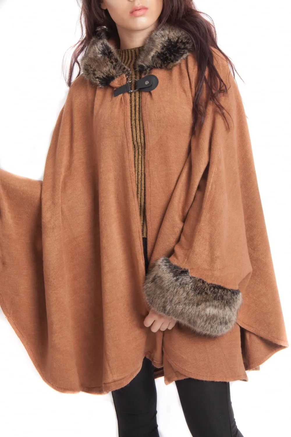 Knitted Faux Fur Trim Hooded Swing Poncho Cape