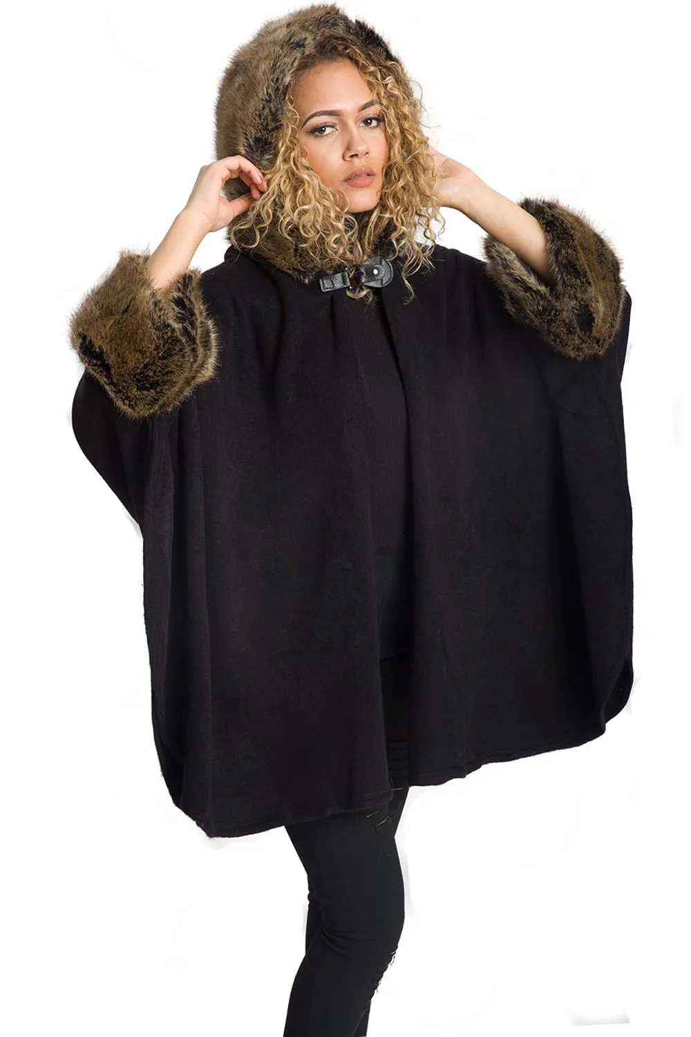 Knitted Faux Fur Trim Hooded Swing Poncho Cape