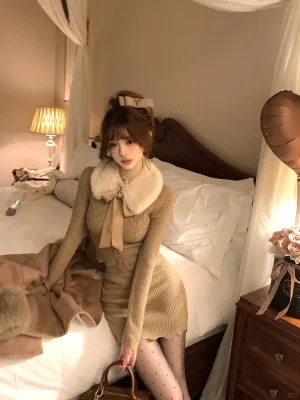 Lazy Girl Cheese Mousse Brown Cream Sweater & Skirt Fur Collar Two Piece Set