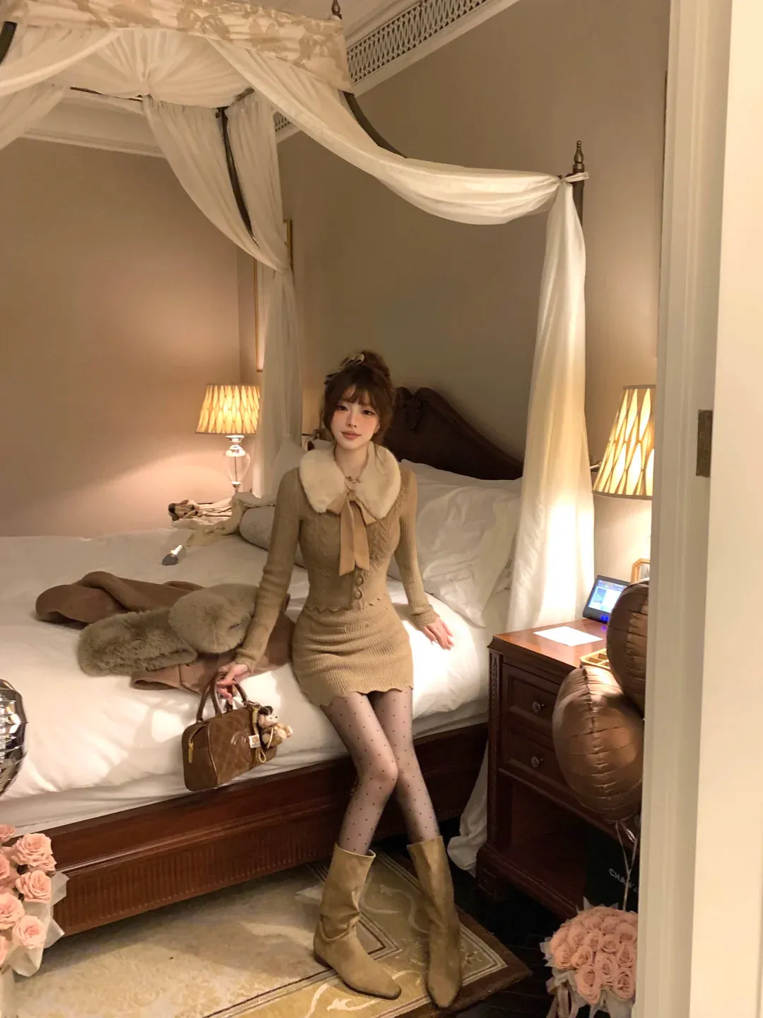 Lazy Girl Cheese Mousse Brown Cream Sweater & Skirt Fur Collar Two Piece Set