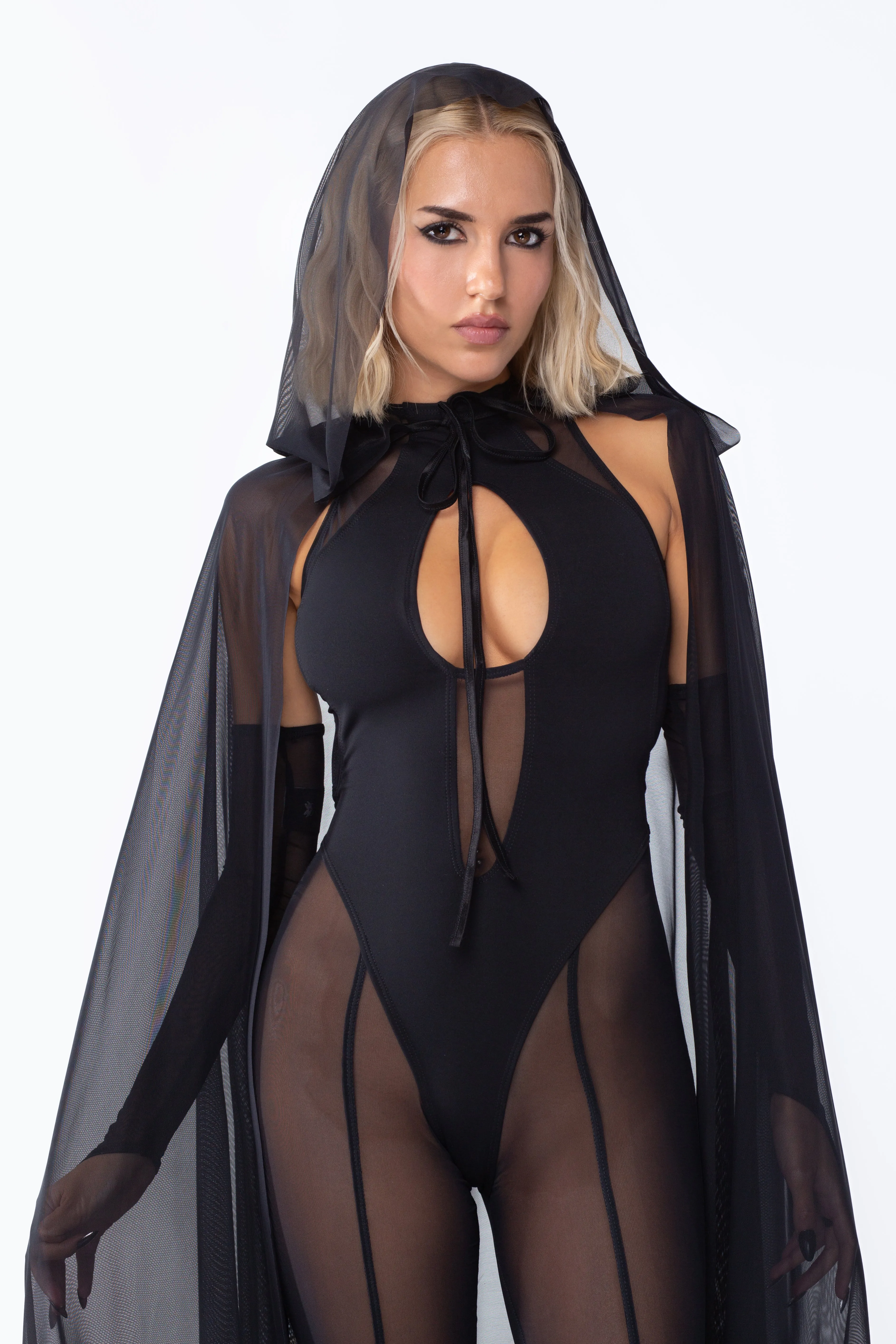 Lilith Mesh Sleeveless Romper   Hooded Mesh Cape