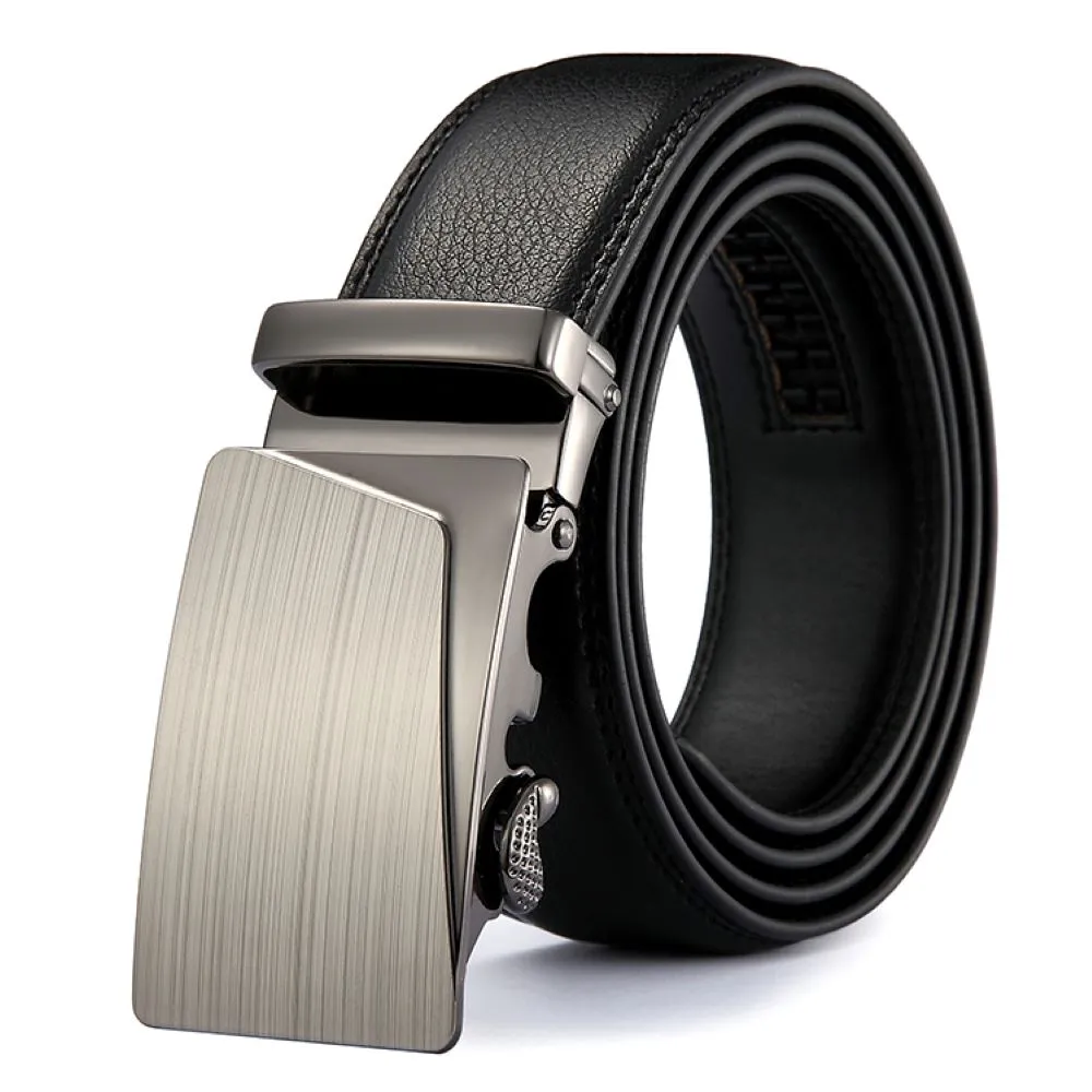 Men’s Automatic Ratchet Belt - Glossy Brushed Nickel with Shiny Gunmetal Inlay and Border