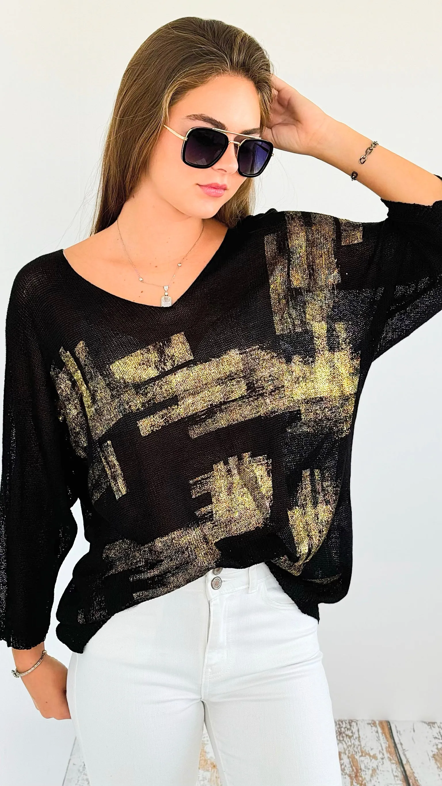 Metallic Printed Ribbed Italian Sweater - Black