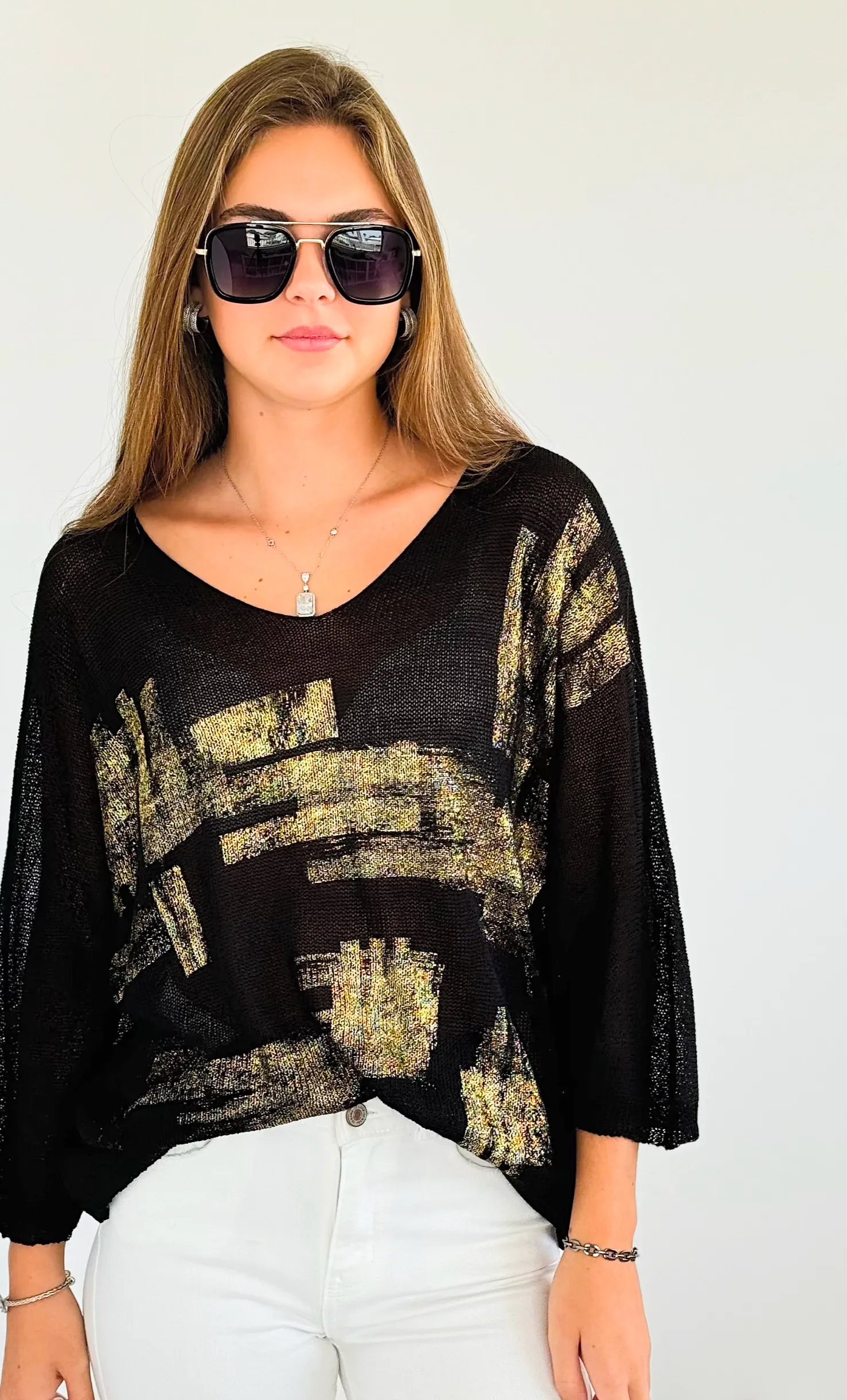 Metallic Printed Ribbed Italian Sweater - Black