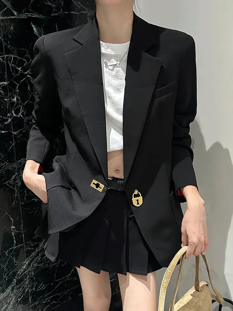 Solid Minimalist Blazeers For Women Notched Collar Long Sleeve Patchwork Pockets Loose Blazer Female Clothing