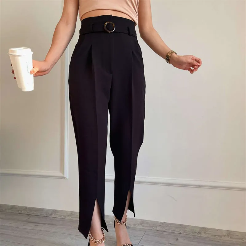 Women’s Dramatic Front Pleated Solid Color High Cut Trousers With Stylish Belt